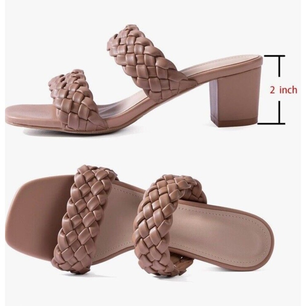New Women Heels Sandals Woven Size 6.5 Braided Nude Square Toes - Picture 4 of 6